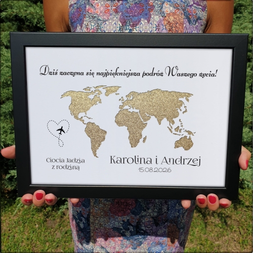 Prezent na wesele KARTKA Z ŻYCZENIAMI NA GOTÓWKĘ ramka mapa świata
