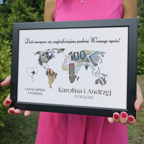 Prezent na wesele KARTKA Z ŻYCZENIAMI NA GOTÓWKĘ ramka mapa świata