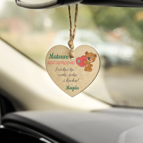 Zawieszka do auta serce dwustronny nadruk Misiu jedź ostrożnie