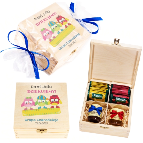 BOX UPOMINKOWY DLA NAUCZYCIELA słodki zestaw z życzeniami sówki