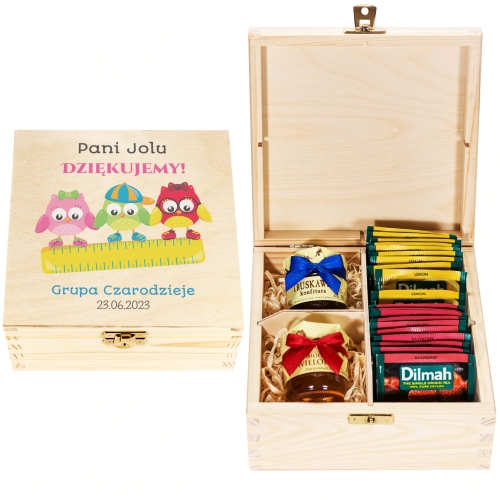 BOX UPOMINKOWY DLA NAUCZYCIELA słodki zestaw z życzeniami sówki