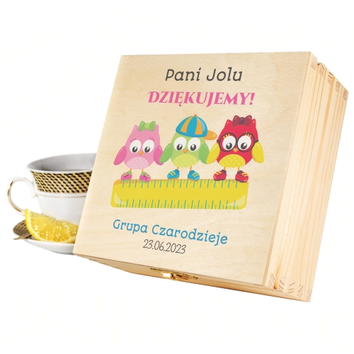 BOX UPOMINKOWY DLA NAUCZYCIELA słodki zestaw z życzeniami sówki
