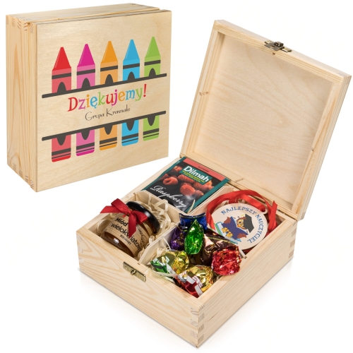 PUDEŁKO DREWNIANE słodki zestaw z medalem dla super nauczyciela