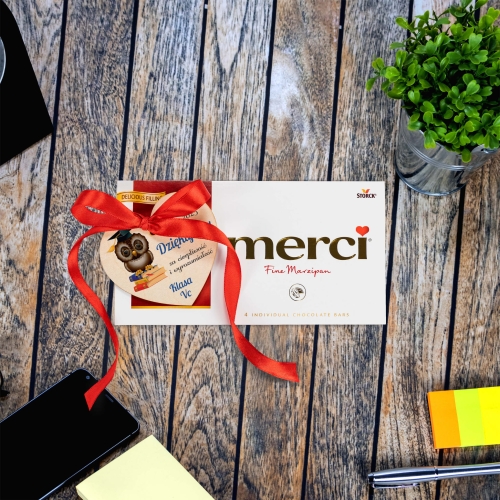 Czekolada Merci dla nauczyciela i serce dziękujemy z podpisem sowa