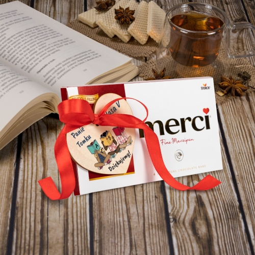 Czekolada Merci z sercem z personalizacją PREZENT DLA NAUCZYCIELA