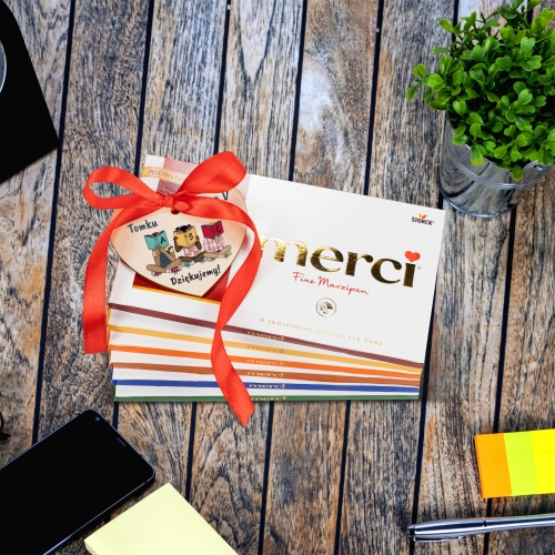 Czekolada Merci z sercem z personalizacją PREZENT DLA NAUCZYCIELA