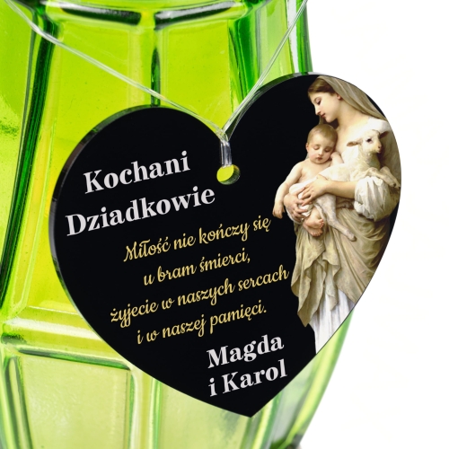 ORYGINALNA OZDOBA NA ZNICZ zawieszka serce z dedykacją Matka Boska