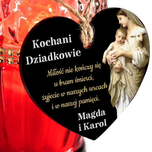 ORYGINALNA OZDOBA NA ZNICZ zawieszka serce z dedykacją Matka Boska