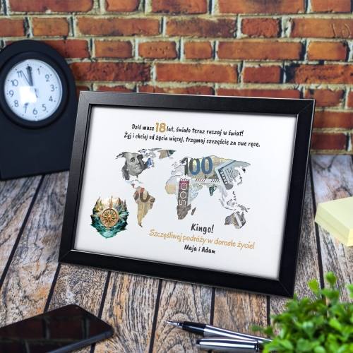 Ramka mapa świata PREZENT NA 18TKĘ koperta na gotówkę dedykacja