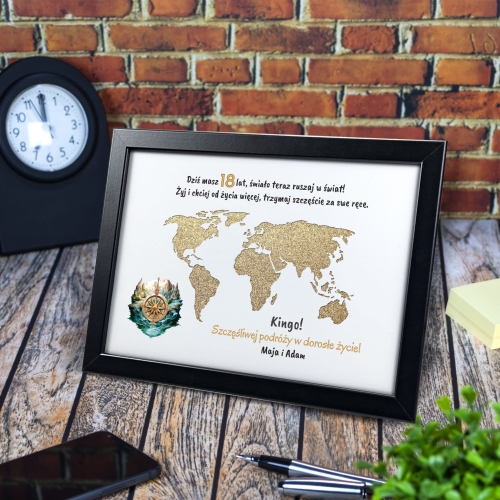 Ramka mapa świata PREZENT NA 18TKĘ koperta na gotówkę dedykacja
