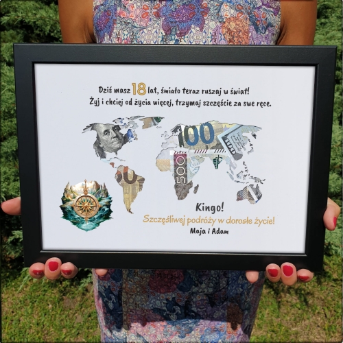 Ramka mapa świata PREZENT NA 18TKĘ koperta na gotówkę dedykacja