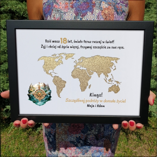 Ramka mapa świata PREZENT NA 18TKĘ koperta na gotówkę dedykacja