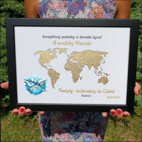 RAMKA NA PIENIĄDZE prezent na 18tkę mapa świata z życzeniami