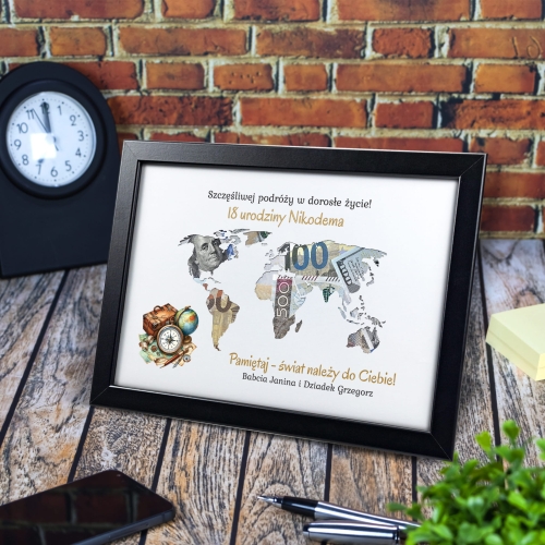 Obrazek kontynenty na pieniądze SUPER POMYSŁ NA PREZENT NA 18TKĘ