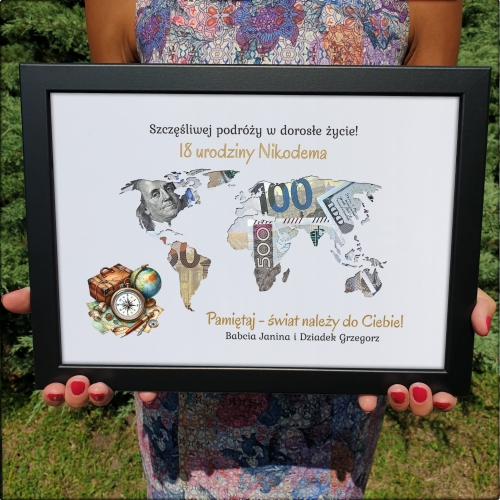 Obrazek kontynenty na pieniądze SUPER POMYSŁ NA PREZENT NA 18TKĘ