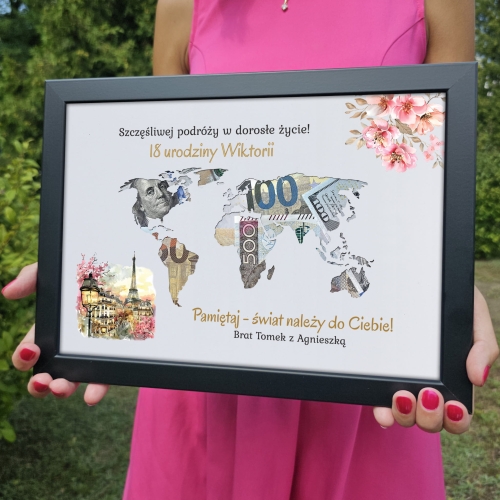 ORYGINALNY PREZENT NA 18STKĘ super pamiątka ramka na gotówkę mapa