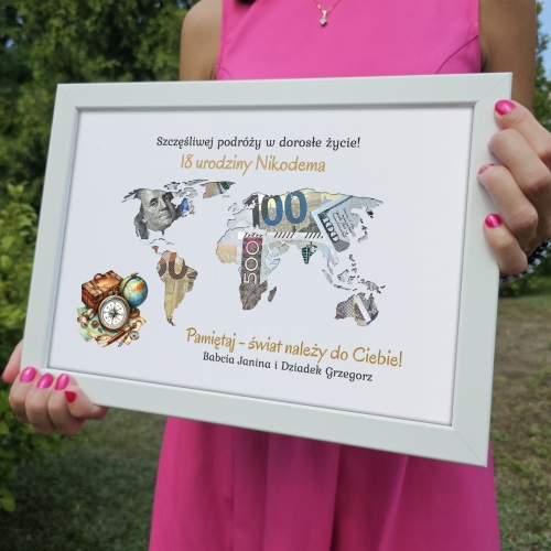 UPOMINEK NA 18 URODZINY Z PERSONALIZACJĄ ramka kontynenty gotówka