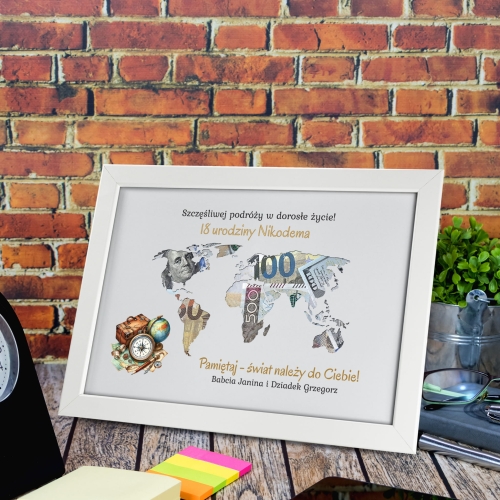 UPOMINEK NA 18 URODZINY Z PERSONALIZACJĄ ramka kontynenty gotówka