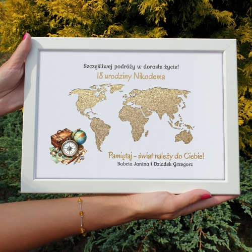 UPOMINEK NA 18 URODZINY Z PERSONALIZACJĄ ramka kontynenty gotówka