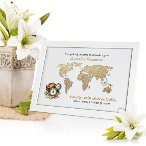 UPOMINEK NA 18 URODZINY Z PERSONALIZACJĄ ramka kontynenty gotówka