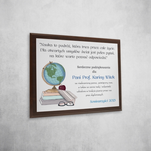 Srebrny drewniany obrazek PREZENT DLA NAUCZYCIELA nadruk