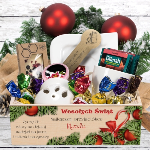 Kosz drewniany ZESTAW PREZENTOWY NA ŚWIĘTA prezent pod choinkę