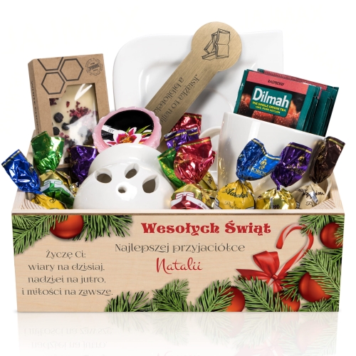 Kosz drewniany ZESTAW PREZENTOWY NA ŚWIĘTA prezent pod choinkę