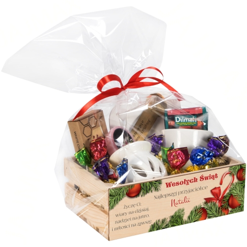 Kosz drewniany ZESTAW PREZENTOWY NA ŚWIĘTA prezent pod choinkę