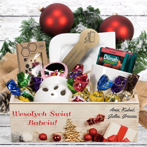 Skrzyneczka drewniana ZESTAW PREZENTOWY NA ŚWIĘTA nadruk