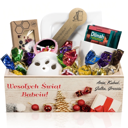 Skrzyneczka drewniana ZESTAW PREZENTOWY NA ŚWIĘTA nadruk
