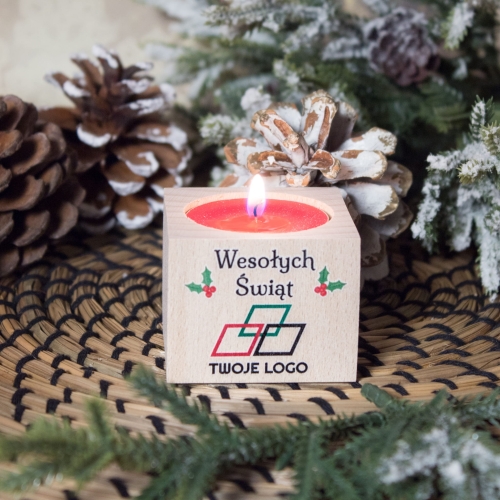Upominki świąteczne z LOGO firmy świecznik drewniany