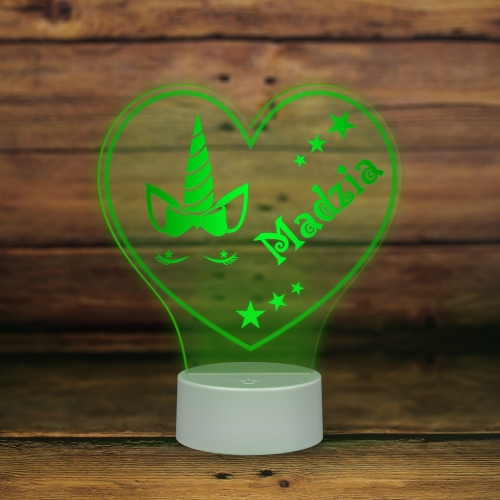 PIĘKNA LAMPKA LED serce i róg jednorożca IMIĘ DZIECKA prezent