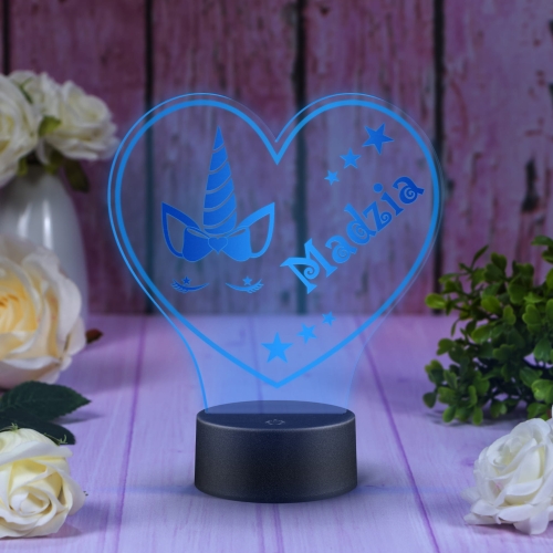 PIĘKNA LAMPKA LED serce i róg jednorożca IMIĘ DZIECKA prezent