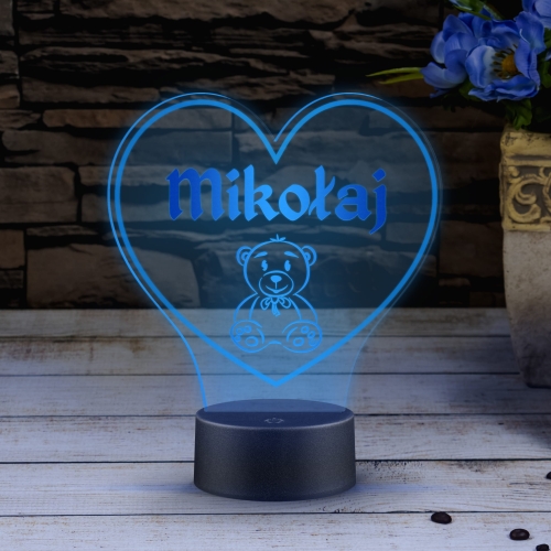 LAMPKA NOCNA LED serce z misiem prezent dla dziecka i imieniem