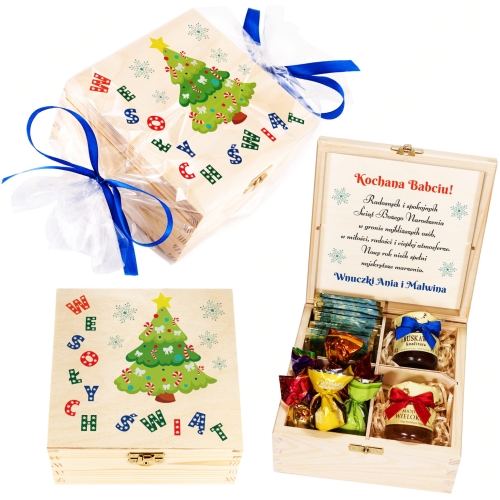 Drewniane pudełko słodkości prezent świąteczny z życzeniami nadruk