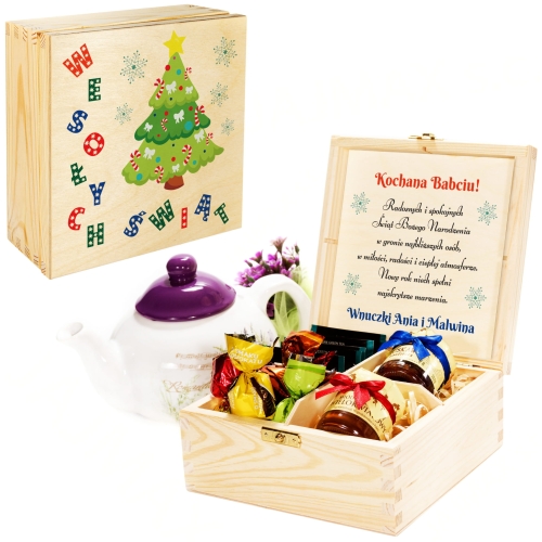 Drewniane pudełko słodkości prezent świąteczny z życzeniami nadruk