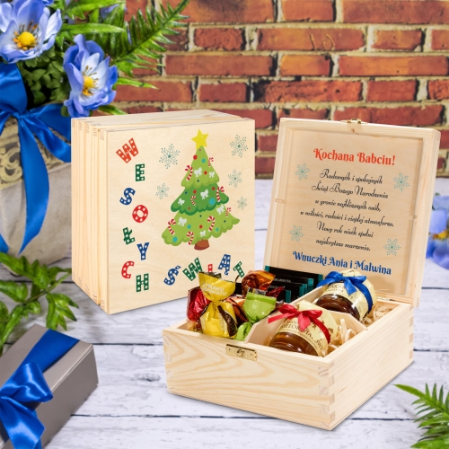 Drewniane pudełko słodkości prezent świąteczny z życzeniami nadruk