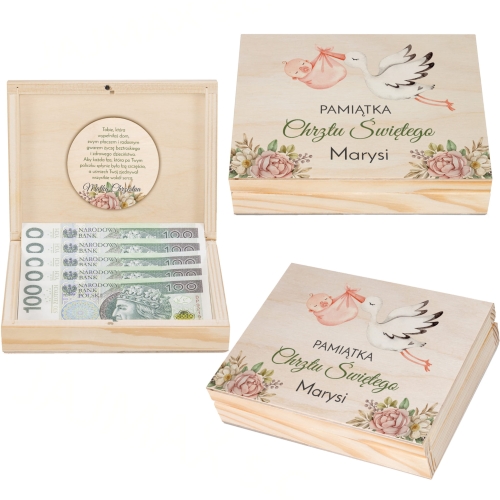 PUDEŁKO NA GOTÓWKĘ ŻYCZENIA prezent na Chrzciny z podpisem 