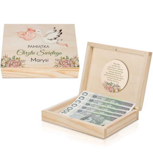 PUDEŁKO NA GOTÓWKĘ ŻYCZENIA prezent na Chrzciny z podpisem 