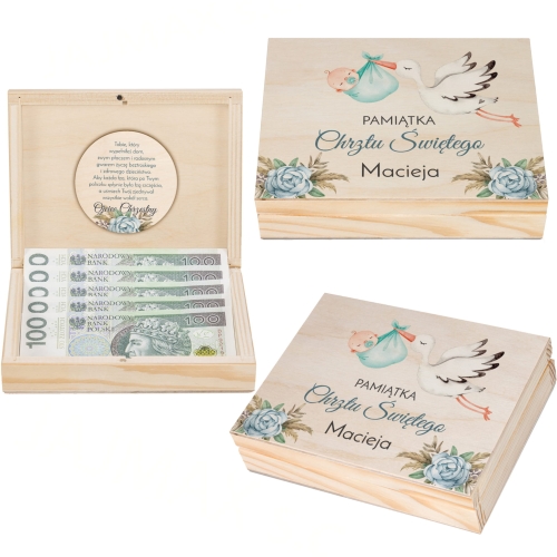 PUDEŁKO NA PIENIĄDZE prezent na chrzciny nadruk