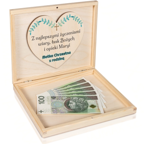 Koperta na pieniądze drewniane pudełko z życzeniami prezent Chrzest
