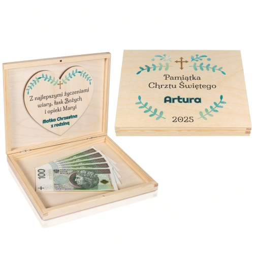 Koperta na pieniądze drewniane pudełko z życzeniami prezent Chrzest