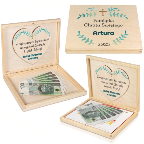 Koperta na pieniądze drewniane pudełko z życzeniami prezent Chrzest