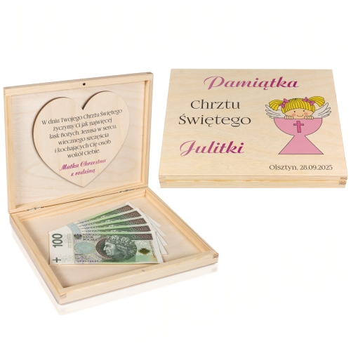 Pomysłowy prezent na chrzciny dla dziewczynki pudełko na gotówkę