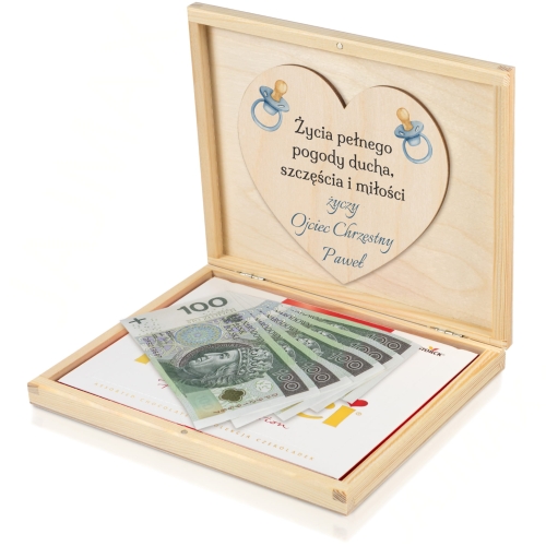 Pomysł na prezent na Chrzest dla chłopca pudełko na gotówkę podpis