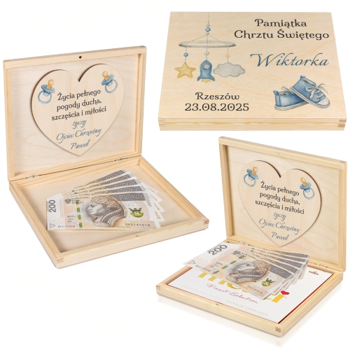 Pomysł na prezent na Chrzest dla chłopca pudełko na gotówkę podpis