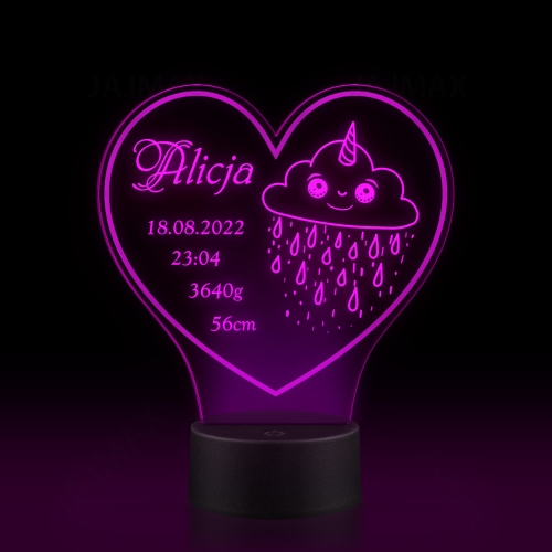 Lampka LED serce prezent dla dziecka metryczka chmurka Twoje napisy