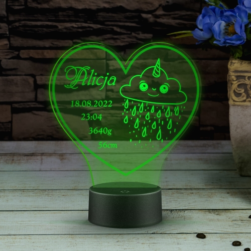 Lampka LED serce prezent dla dziecka metryczka chmurka Twoje napisy