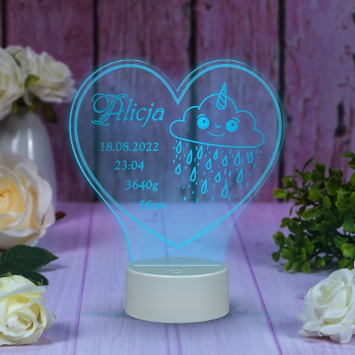 Lampka LED serce prezent dla dziecka metryczka chmurka Twoje napisy