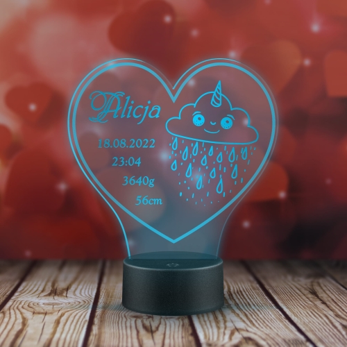 Lampka LED serce prezent dla dziecka metryczka chmurka Twoje napisy